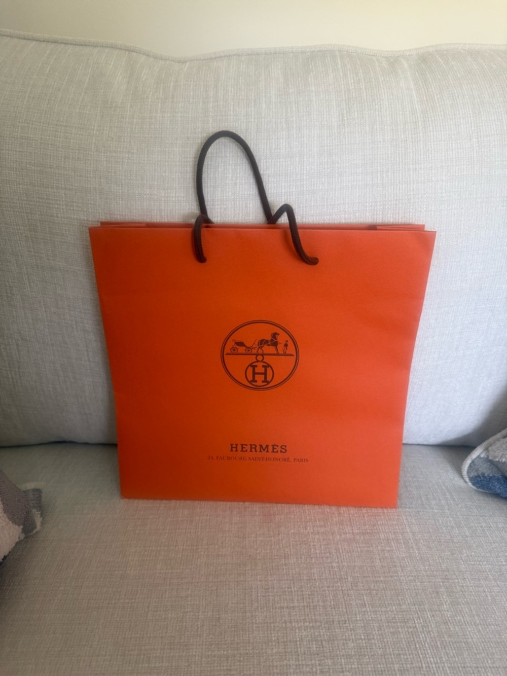 Hermes Orange Logo Shopping Bag with Dark brown Handles